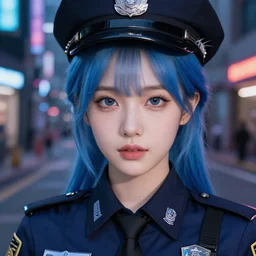 a pretty korean girl with blue hair, dj sura face, wearing a female police uniform, photoshoot, cyberpunk night city street, background, professionally retouched, soft lighting, feather hair, realistic, smooth face, perfect eyes, wide angle, sharp focus on eyes, 8 k high definition, insanely detailed, intricate, elegant, art by artgerm and greg rutkowski and j scott campbell