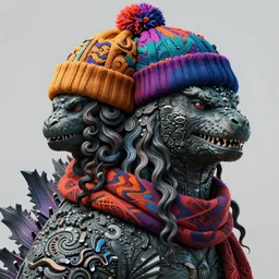 symmetry!! portrait of godzilla wearing a colorful beanie!, scarf!, long curly hair intricate, elegant, highly detailed, digital painting, artstation, concept art, smooth, sharp focus, illustration, art by artgerm and greg rutkowski and alphonse mucha, 8 k