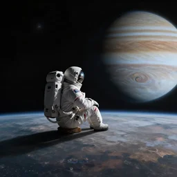 the lonely astronaut sitting on the surface of jupiter, looking into dark distant space, photorealistic vfx render, highly detailed, cinematic