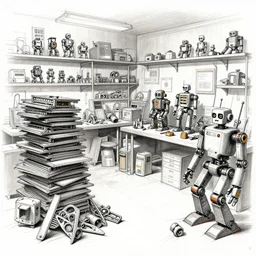 a sketch of a cluttered robot makers shop with stacks of robot parts and old robots by Jean-Baptiste Monge