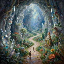an epic masterpiece mysterious sci - fi painting of a winding path through crystal cave dream worlds with surreal crystal structures, inspired by heironymous bosch's garden of earthly delights, digital art, dynamic lighting, vibrant colours, surreal lush landscapes by asher durand and cyril rolando and natalie shau and thomas kinkade, insanely detailed and intricate, elegant, unreal engine, 8 k