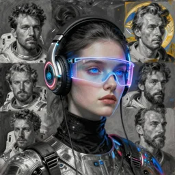 finnish future coder looking on, glowing visor over eyes and sleek neon headphones, neon accents, desaturated headshot portrait painting by dean cornwall, ilya repin, rhads, tom whalen, alex grey, alphonse mucha, astronaut cyberpunk electric fashion photography