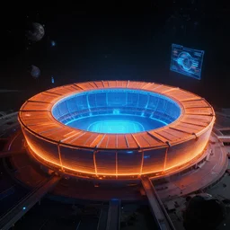 an orange and blue contrast digital stadium in outer space, tron, digital art, holograms