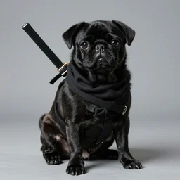 high quality and realistic professional studio photo of a black pug puppy acting as a ninja, kodachrome, photo by robert capa