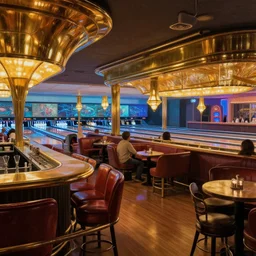 The interior of a beautiful, crowded art deco bowling alley, bar seating, bowling lanes, streamline moderne, shiny brass,  a sci-fi digital painting by Greg Rutkowski and James Gurney, trending on Artstation, highly detailed
