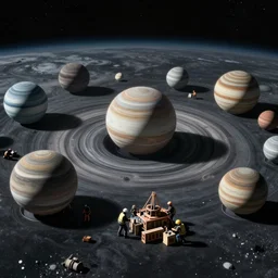 Planets in solar system being build by construction workers. Wide angle. 4k, shot in space.