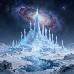 futuristic holography!! elven city, galactic nebula, desolate, ice, river, snow:: by beeple and James Gilleard and Justin Gerard :: ornate, dynamic, particulate, intricate, elegant, highly detailed, centered, artstation, smooth, sharp focus, octane render, nvidia raytracing demo