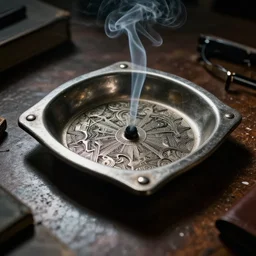 ashtray in the messy desk of the detective, smoke, complex and detailed photograph, cinematic lighting