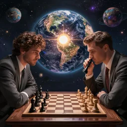 dramatic illustrations of two chess players playing the destiny of the universe, dramatic surrounding, very detailed, contest winner on behance, behance hd, trendy on artstation