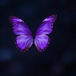 a glowing purple butterfly, flying in the night, dark background, cinematic shot, photorealistic