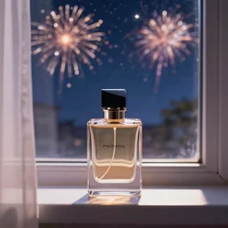perfume bottle on the window sill with fireworks and stars in the background