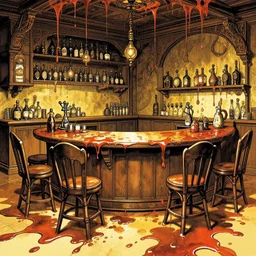 Fantasy Scene of a Empty tavern full of Spilled ooze, manga, highly detailed, beauty, art by Takehiko Inoue, Artgerm, intricate, elegant, J. C. Leyendecker