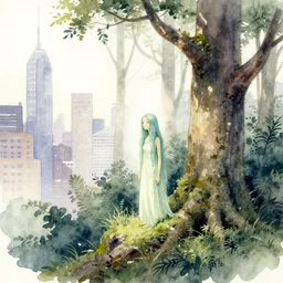 lost forest spirit in a metropolis. this watercolor painting by the award - winning comic artist has dramatic lighting, an interesting color scheme and great sense of depth.