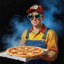 a portrait painting of a pizza delivery driver wearing steampunk 3 d glasses holding a pizza. blue foggy atmosphere black background. highly science fiction painting by norman rockwell, moebius, frank frazetta, and syd mead. rich colors, high contrast. artstation
