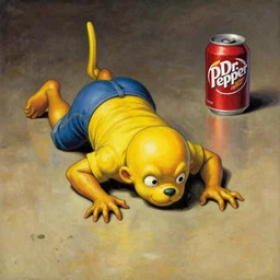Asmongold crawling across an unclean floor towards a can of Dr. Pepper. by Stephen Gammell.