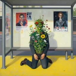 kneeling figure in on yellow pavement, painterly, interior of bus stop, peeling posters on wall, flowers and plants growing from figure, by lisa yuskavage, francis bacon, zdzislaw beksinski, james jean