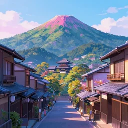 a beautiful japanese city in the mountain, amazing ryokans and gorgeous edo era houses, fantastic non human character, epic cyberpunk, lofi vibe, colorful, vivide colors, amazing light, really beautiful nature, by jeremy lipkin, by claude monet, by makoto shinkai, kandinsky touches, inspired by ghibli, masterpiece, beautiful