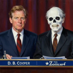 Still image from the 2024 Presidential Debate between D. B. Cooper and the Zodiac Killer, photorealistic painting, trending on artstation