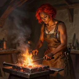 female blacksmith working on her forge, deep focus, short red hair, sleeveless shirt and overalls, d & d, fantasy, intricate, elegant, highly detailed, digital painting, artstation, concept art, matte, sharp focus, illustration, hearthstone, art by artgerm and greg rutkowski and alphonse mucha