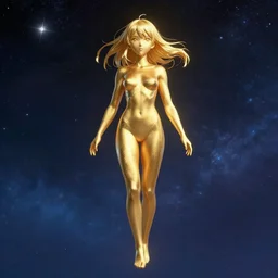 a golden woman 2/3 figurative anime portrait, in space, transcending to a higher plane in the multiverse, lazer light beaming down to top of her head, james gurney, Noah Bradley, Maciej Kuciara