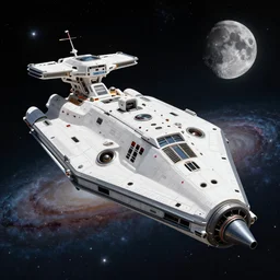 ultra realistic portrait of space ship!!, discovery one, moon and galaxy in background!, space ship, intricate, elegant, highly detailed, digital painting, artstation, concept art, smooth, sharp focus, illustration, art by cgsociety, 8 k