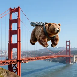 bear flying with a jetpack over the golden gate bridge, digital art, 4 k