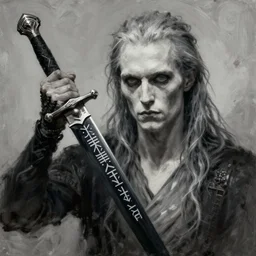 fantasy painting of a pale man with a black blade covered in runes, painted by Robert Gould, ultra detailed, 8k
