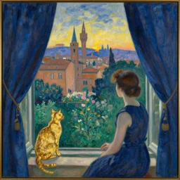woman and golden cat with italian city with gardens seen from a window frame with curtains. dark indigo blue, turquoise, gold, earth brown. sunset. bonnard, henri de toulouse - lautrec, utamaro, matisse, monet