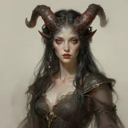 ''demon girl from hell, diffuse lighting, fantasy, intricate, elegant, highly detailed, lifelike, photorealistic, digital painting, artstation, illustration, concept art, smooth, sharp focus, naturalism, trending on byron's - muse, by greg rutkowski and greg staples and alphonse mucha