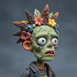 portrait headshot of a zombie punk, head made of fruit gems and flowers in the style of arcimboldo, john currin, photorealistic, dynamic lighting, action figure, clay sculpture, claymation, dull blue cloudy background,