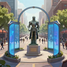 a niantic ingress style portal surrounds the statue of a knight in a crowded city square