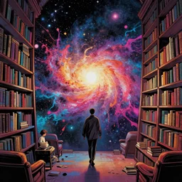 consciousness in space, matte painting, dynamic comic book art, dream space expansion into the living library, cinematic, trending on artstation, galaxy splashes of colors