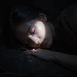 hyperrealistic render with very extreme intricate details, complete darkness with a single ray of moonlight lighting up part of a sleeping female's face by wlop