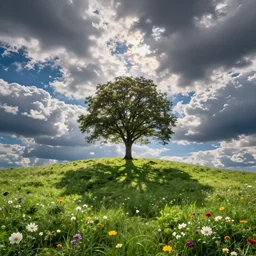 grassy hills single tree center, flowers and fantasy sky, through clouds blue sky, andreas rocha style