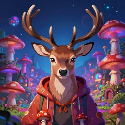 anime 4 k headshot portrait of a psychedelic demonic anthropomorphic deer with mushroom themed clothes, magic mushroom village in background by jeff easley, vibrant colors, award winning, stylized neon, post - processing, masterpiece, superb resolution. in the art style of junji ito and greg rutkowski. detailed mushroom city in background. hyper realistic anime. perfect art. dalle 2