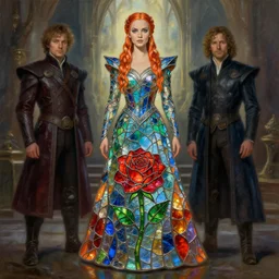 khaleesi wearing a dress made from stained glass in the design of a rose. painting by artgerm and greg rutkowski and ilya kuvshinov
