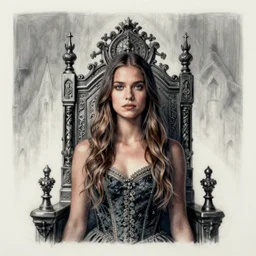 perfect frame drawing of a young woman standing in front of a throne in a castle, striking features, fearless eyes, studio lighting, fine - art photography, cold lighting, gradient background, 8 k, award winning photography, hyper realistic, 3 5 mm f / 1. 8, by mario testino and frank frazetta