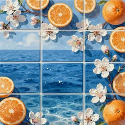 “pattern of oranges and blossoms in a bright blue ocean, tiling”