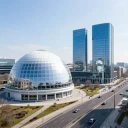 panorama of futuristic berlin with white glass domes, blue glass buildings, highways, reichstag, square, green alley, sunny day, volumetric light, hyperdetailed, artstation, cgsociety, 8 k