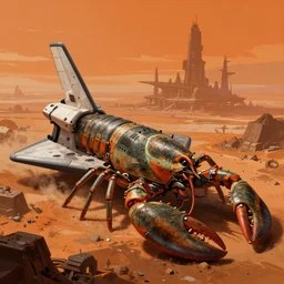 scifi art by Greg Rutkowski, a heavy shuttle that is shaped like a brutalist-looking lobster, in the background, the distant silhouettes of a brutalist-looking planetary colony, hostile and desolate landscape, orange ambient light, detailed and intricate environment, high technology, digital painting, artstation, concept art, smooth, sharp foccus ilustration, Artstation HQ.