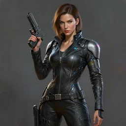 painting of female wearing a skintight leather jacket with cybernetic enhancements holding a glock, full view, popular on artstation, artstationhd, artstationhq 8 k, volumetric lighting, super focused, no blur, trending on artstation, artstationhd, artstationhq, ultra detailed, by artgerm and james gurney, greg rutkowski,