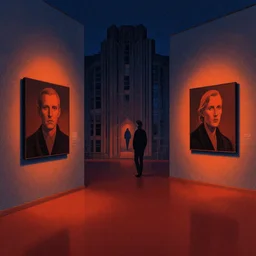 art gallery, mads berg, karolis strautniekas, film noir, stippled light, dramatic lighting, editorial illustration, detailed, fine texture, matte print, art deco, brutalism, dark blue + dark orange, red, black, ( ( habitat 6 7 background ) )