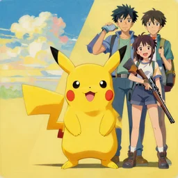 an african boy in a pikachu costume and a happy girl with a shotgun, rule of thirds golden ratio, fake detail, trending pixiv fanbox, acrylic palette knife, style of makoto shinkai studio ghibli genshin impact james gilleard greg rutkowski chiho aoshima,