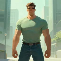 battle hardened, overpowering, pragmatic, charismatic character male handsome muscular wearing jeans and t - shirt, face centered portrait, confident, modern cityscape, outdoors, architecture, fog, sunny, volumetric lighting, illustration, perfectly shaded, greenish tinge, cold lights soft painting, art by krenz cushart and wenjun lin