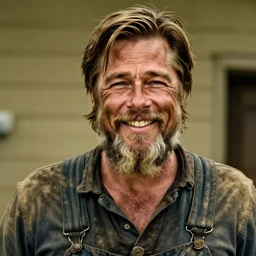 far view, extremely old brad pitt with long beard, wearing dirty overalls, dirty greasy face, grin, portrait, close up, he is 1 0 0 years old. kodak gold 2 0 0, 5 0 mm,