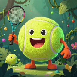 a tennis ball monster ,tennis ball, tennis racket, jungle monster, jungle vines, colorful, digital art, fantasy, magic, trending on artstation, ultra detailed, professional illustration by Basil Gogos