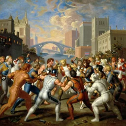 gi. joe plastic action figures in a massive battle against the stuffed care bears across a metropolitan landscape, high level of detail in the style of giovanni battista tiepolo