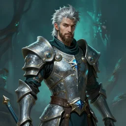 an epic fantastic realism style portrait painting of an aasimar paladin, male, silver hair, short brown beard, d & d concept art, unreal 5, daz, teal aesthetic, octane render, centered in frame, cosplay, rpg portrait, dynamic lighting