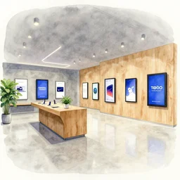 watercolor and fineliner art!!! of 2 0 3 0 s flagship retail interior. experience. telco digital screens phones. wood, polished concrete, neon, ceiling spots. plants. samsung microsoft apple nike adidas tesla muted colors