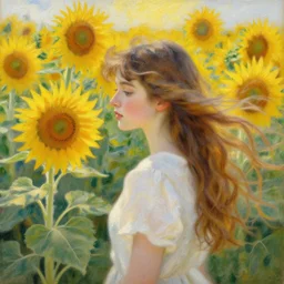 a girl in amazing tall sunflower field, her hair flowing down, subtle, intricate details, real masterpiece, impressionist painting, by gustave caillebotte